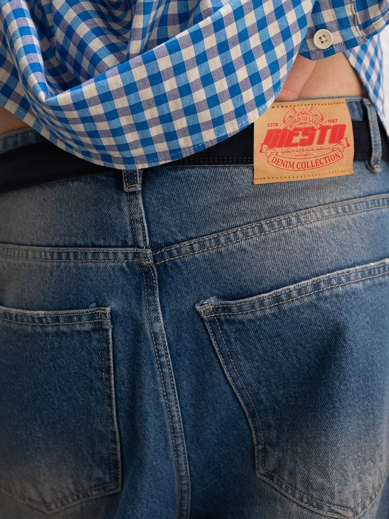 Giesto Maya Blue GIESTO Baggy Fit Denim Pants with Zipper Closure for Men | Best Price UAE